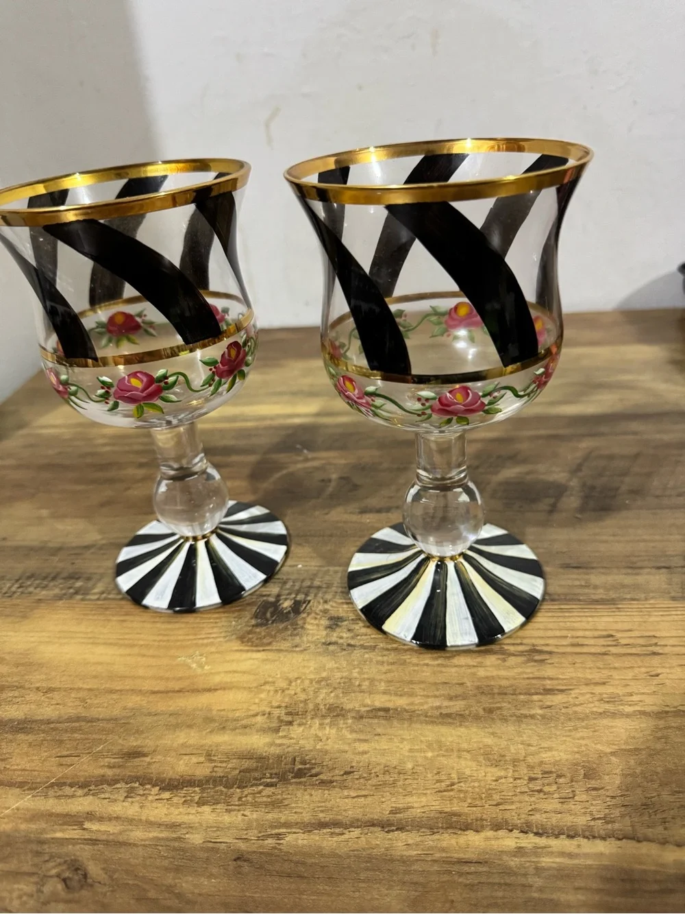 MacKenzie-Childs Black & White Striped Wine Glasses with Pink Rose Motif